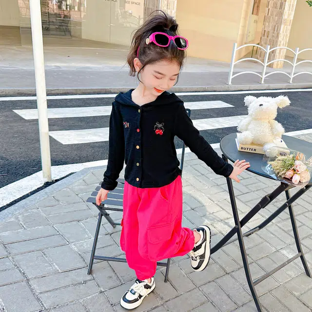 比比我休闲运动套装  女童春秋季连帽工装裤大童潮牌小孩衣服 小女孩短袖洋气时髦 舒适帅气轻便
