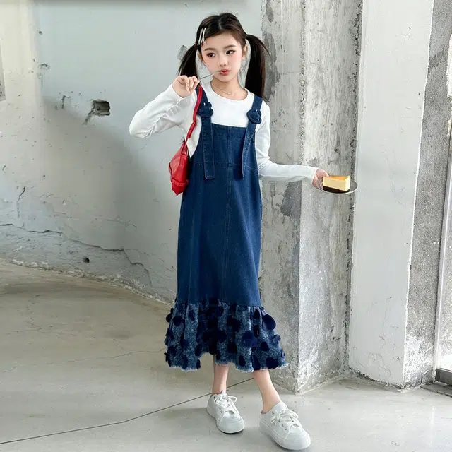 比比我休闲运动套装  女童春秋季爱心牛仔背带裙大童潮牌小孩衣服 小女孩长袖洋气时髦 舒适帅气轻便
