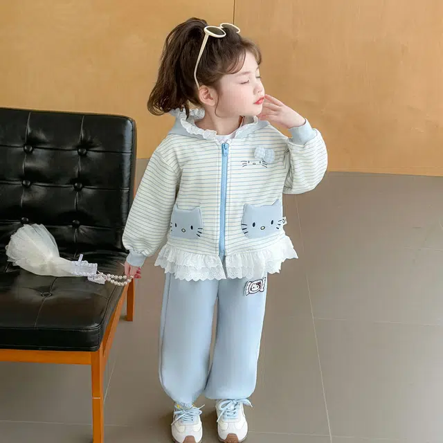 比比我休闲运动套装  女童春秋季大童潮牌猫咪花边小孩衣服 小女孩长袖洋气时髦 舒适帅气轻便