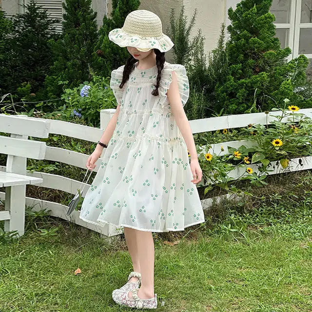 比比我女童夏季 大童潮牌 小孩衣服 小女孩飞袖雪纺连衣裙 时尚舒适 清新公主裙 百搭休闲