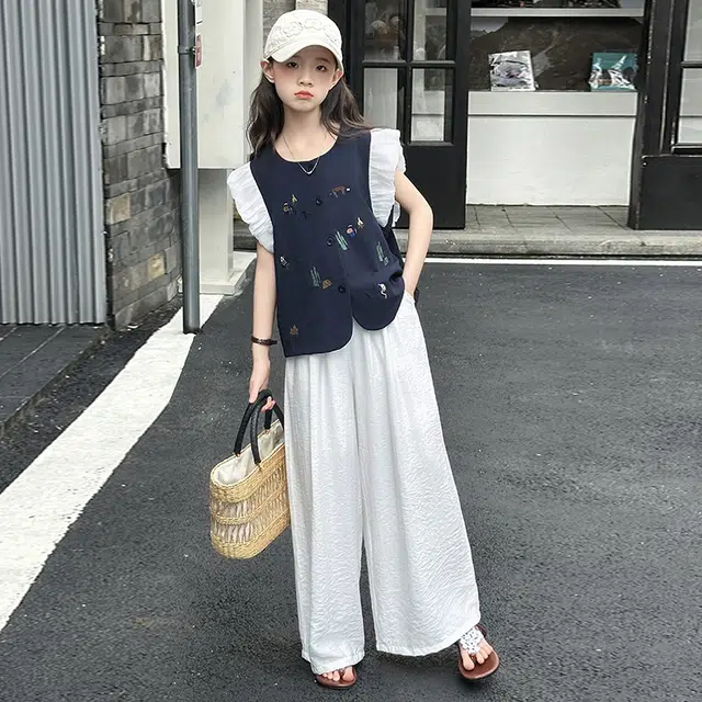 比比我休闲运动套装 女童夏季衣服 小女孩飞袖 洋气时髦 大童潮牌 学生短袖