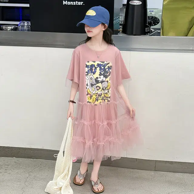 比比我女童夏季连衣裙 小女孩双层潮款网纱裙 清新公主裙 大童潮牌 百搭休闲