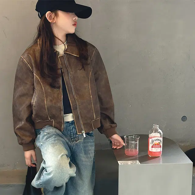 比比我休闲运动套装  女童春秋季皮衣夹克牛仔裤大童潮牌小孩衣服 小女孩长袖洋气时髦 舒适帅气轻便