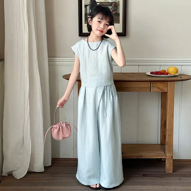 比比我儿童套装  休闲运动  女童夏季服装  小孩衣服 小女孩棉麻套  大童潮牌
