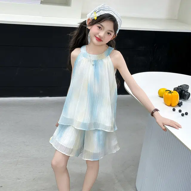 比比我儿童休闲运动套装 女童夏季套服装小孩衣服 小女孩挂脖流光裙两件套  大童潮