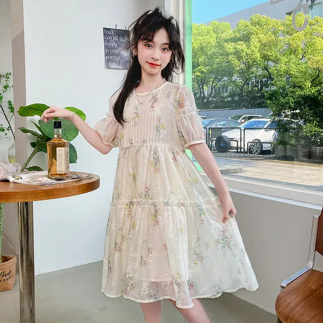 比比我女孩子时尚拼接碎花连衣裙 大童夏日穿搭休闲甜系裙子