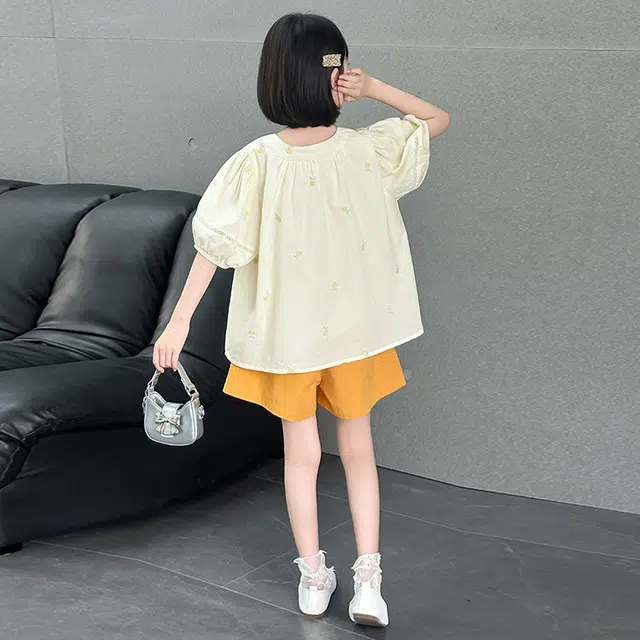 比比我儿童休闲运动套装 女童夏季 小孩衣服 小女孩泡泡袖绣花上衣 短裤套 大童潮牌