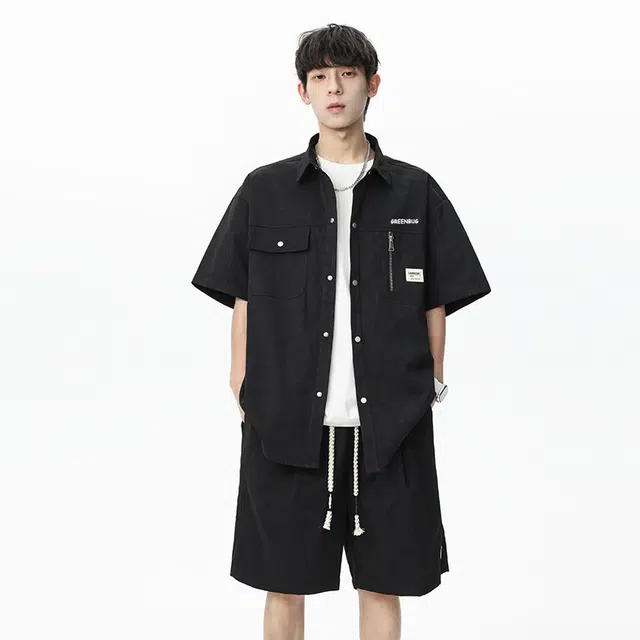 虫小绿 休闲服装两件套青少年大码扎染衬衫套装 男女同款