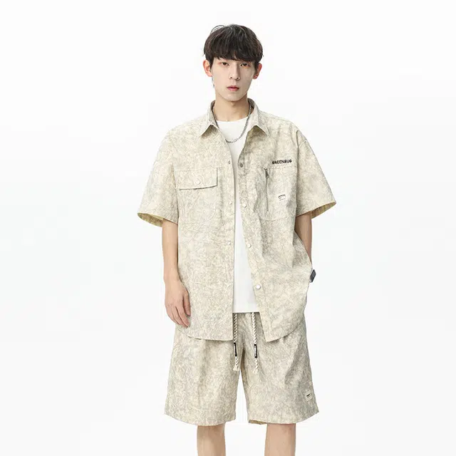 虫小绿 休闲服装两件套青少年大码扎染衬衫套装 男女同款