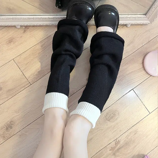 水中花 撞色拼接针织堆堆袜护小腿辣妹休闲喇叭高筒袜 女款