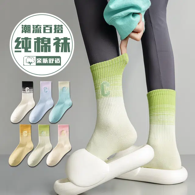 水中花 袜子青少年纯棉刺绣潮袜学生运动防臭吸汗加厚棉袜配鲨鱼裤时尚百搭秋冬高筒袜 女款