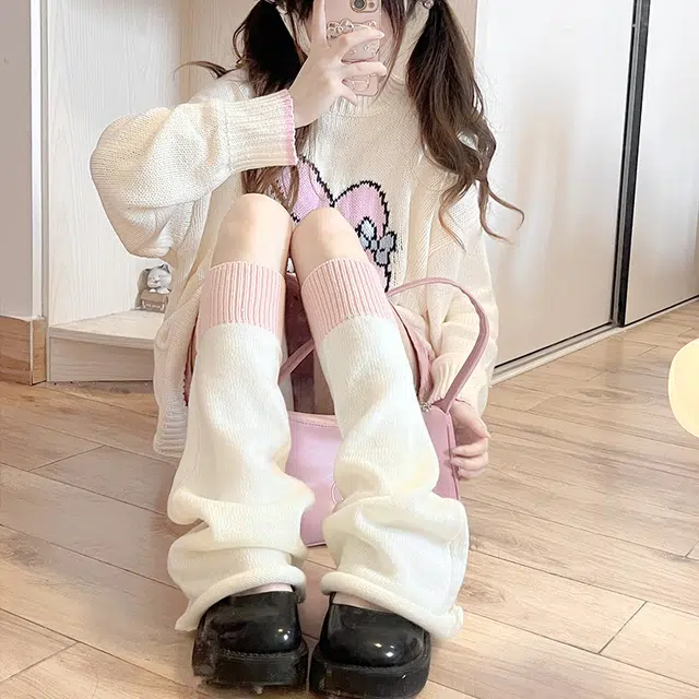 水中花 撞色拼接针织堆堆袜护小腿辣妹休闲喇叭高筒袜 女款