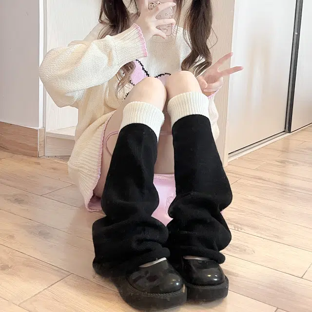 水中花 撞色拼接针织堆堆袜护小腿辣妹休闲喇叭高筒袜 女款