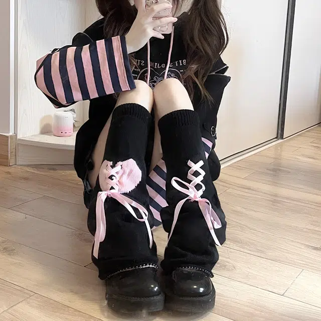水中花 针织堆堆袜日系绑带抽绳爱心蝴蝶结甜美高筒袜 女款