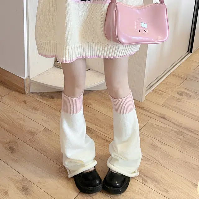 水中花 撞色拼接针织堆堆袜护小腿辣妹休闲喇叭高筒袜 女款