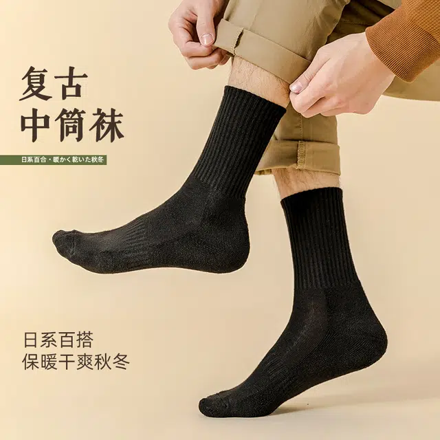 水中花 袜子加厚毛圈袜抗起球简约百搭高弹不勒脚抗寒锁温保暖棉袜不冻脚秋冬中筒袜 男款