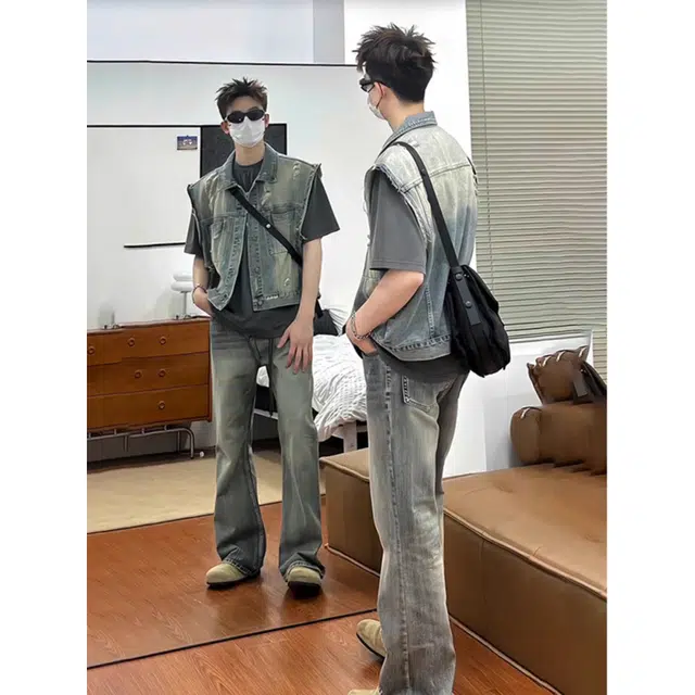 费尔岛上的猫 美式复古潮流无袖牛仔坎肩工装马甲 男女同款