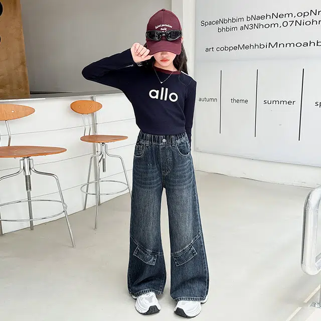 天才小熊休闲运动套装 女童春秋季印花拉条牛仔裤大童潮牌小孩衣服 小女孩短袖洋气时髦 舒适帅气轻便