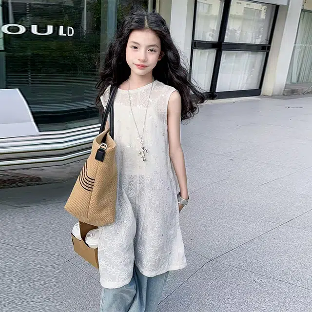 天才小熊休闲运动套装 女童夏季大童潮牌小孩衣服 小女孩镂空上衣短袖洋气时髦 漂亮 甜美