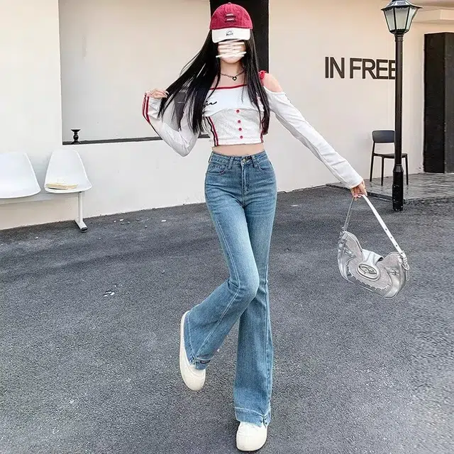 天才小熊 潮流时尚百搭复古开叉喇叭裤女修身弹力显瘦小个子微喇裤牛仔裤 女款