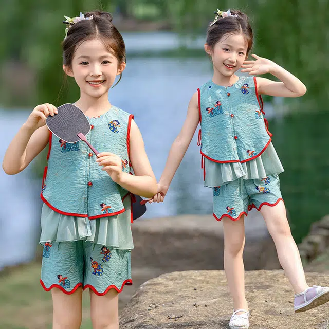 天才小熊汉服套装 女童夏季大童运动小孩衣服 小女孩 青少年西施国风中洋气时髦 漂亮 甜美