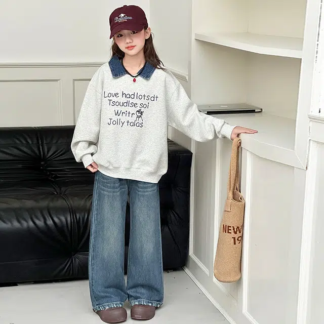 天才小熊休闲运动套装 女童春秋季牛仔领卫衣大童潮牌小孩衣服 小女孩短袖洋气时髦 舒适帅气轻便