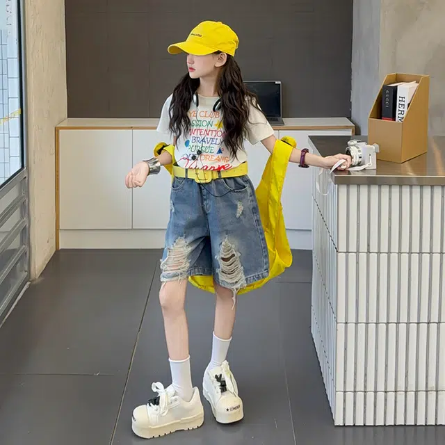 天才小熊休闲运动套装 女童夏季大童潮牌小孩衣服 小女孩印花短袖洋气时髦 漂亮 甜美