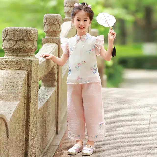 天才小熊汉服套装 女童夏季大童运动小孩衣服 小女孩 青少年飞袖中国风洋气时髦 漂亮 甜美