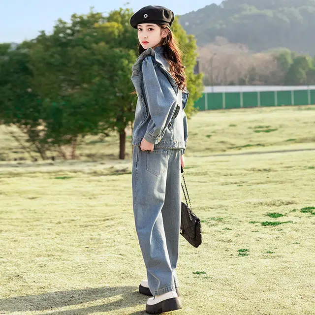 天才小熊休闲运动套装 女童春秋季牛仔大童潮牌小孩衣服 小女孩短袖洋气时髦 舒适帅气轻便