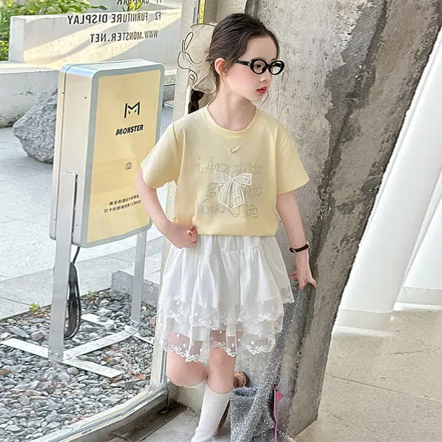 天才小熊休闲运动套装 女童夏季大童潮牌小孩衣服 小女孩蝴蝶结短袖洋气时髦 漂亮 甜美 儿童款