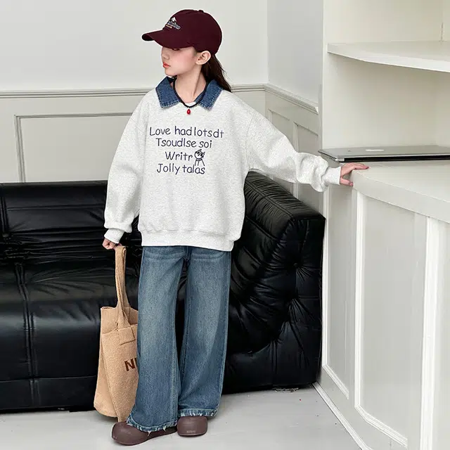 天才小熊休闲运动套装 女童春秋季牛仔领卫衣大童潮牌小孩衣服 小女孩短袖洋气时髦 舒适帅气轻便