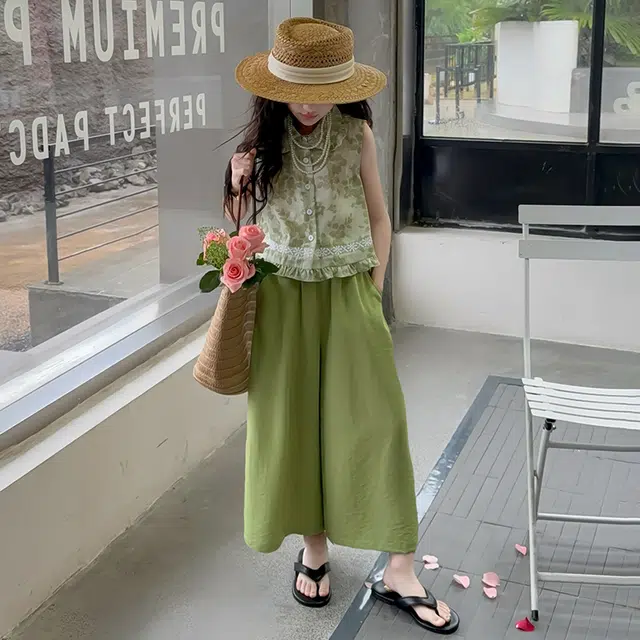 天才小熊休闲运动套装 女童夏季大童潮牌小孩衣服 小女孩碎花衬衣短袖洋气时髦 漂亮 甜美