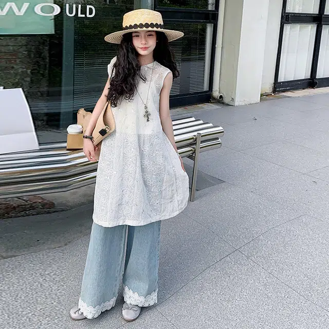 天才小熊休闲运动套装 女童夏季大童潮牌小孩衣服 小女孩镂空上衣短袖洋气时髦 漂亮 甜美