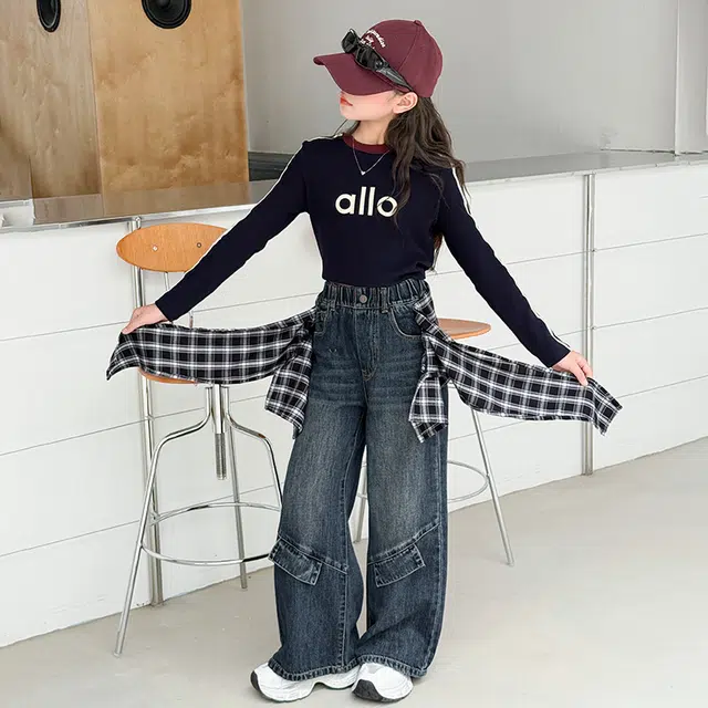 天才小熊休闲运动套装 女童春秋季印花拉条牛仔裤大童潮牌小孩衣服 小女孩短袖洋气时髦 舒适帅气轻便