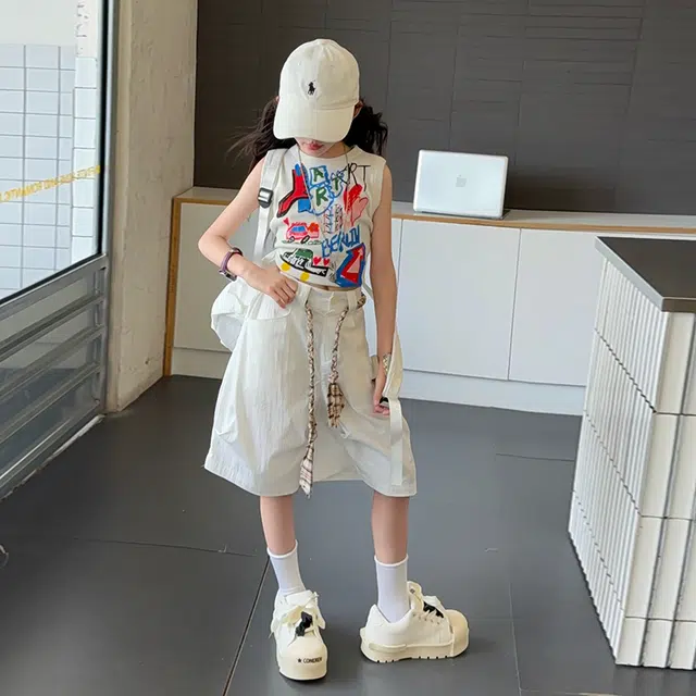 天才小熊休闲运动套装 女童夏季印花背心中裤大童潮牌小孩衣服 小女孩短袖洋气时髦 漂亮 甜美