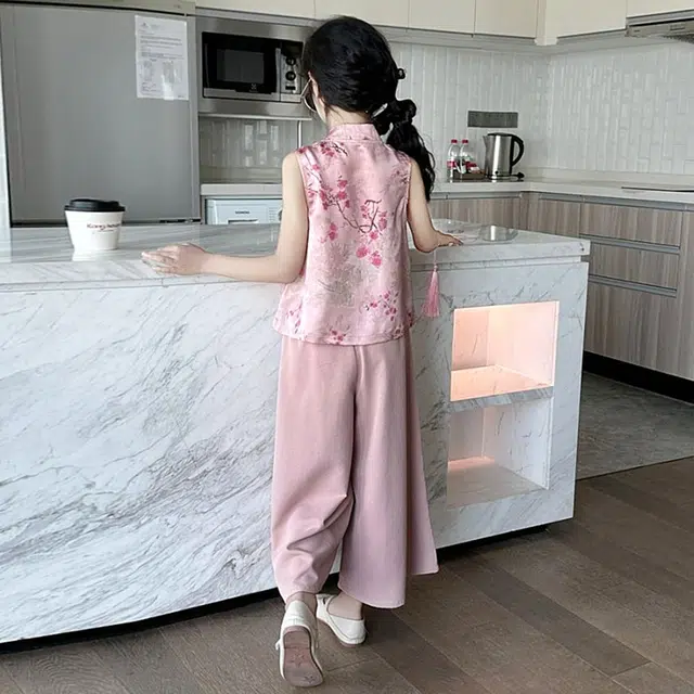 天才小熊汉服套装 女童夏季大童运动小孩衣服 小女孩 青少年旗袍盘口中国风洋气时髦 漂亮 甜美