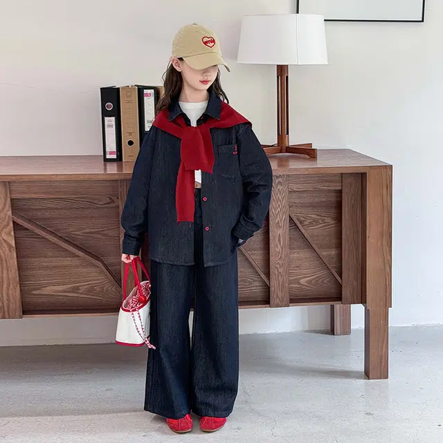 天才小熊休闲运动套装 女童春秋季披肩牛仔大童潮牌小孩衣服 小女孩短袖洋气时髦 舒适帅气轻便