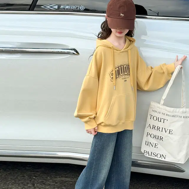 天才小熊休闲运动套装 女童春秋季连帽卫衣牛仔裤大童潮牌小孩衣服 小女孩短袖洋气时髦 舒适帅气轻便