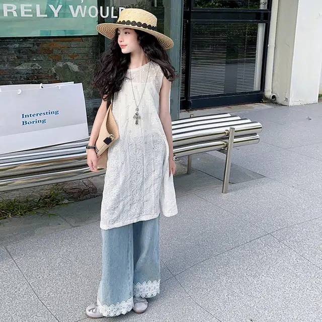 天才小熊休闲运动套装 女童夏季大童潮牌小孩衣服 小女孩镂空上衣短袖洋气时髦 漂亮 甜美