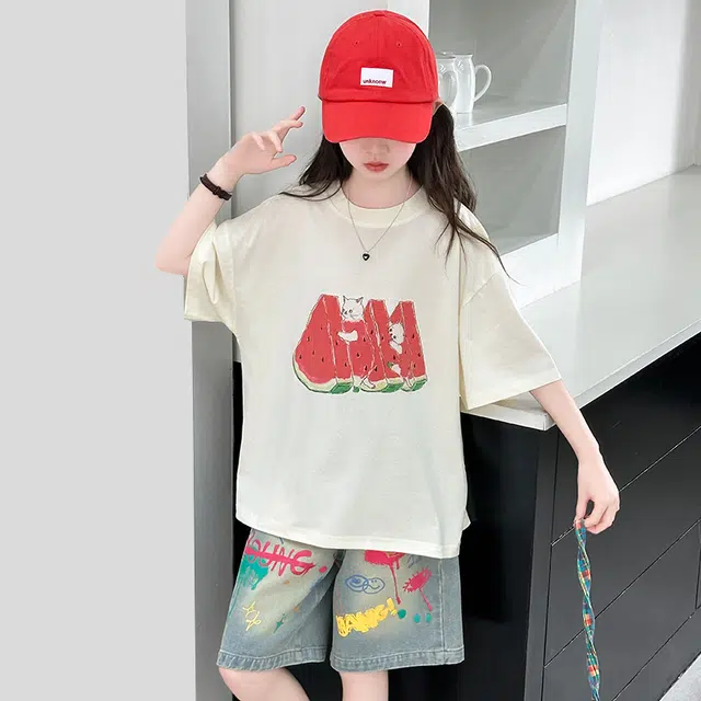 天才小熊休闲运动套装 女童夏季大童潮牌小孩衣服 小女孩西瓜猫咪数码印花 短袖洋气时髦 漂亮 甜美