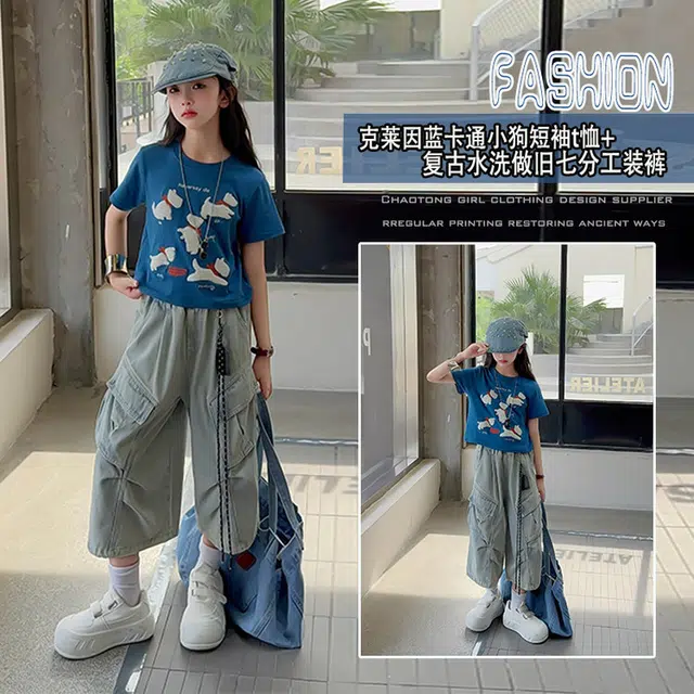 天才小熊牛仔套装 女童夏季大童潮牌运动小孩衣服 小女孩短袖洋气时髦 漂亮 甜美