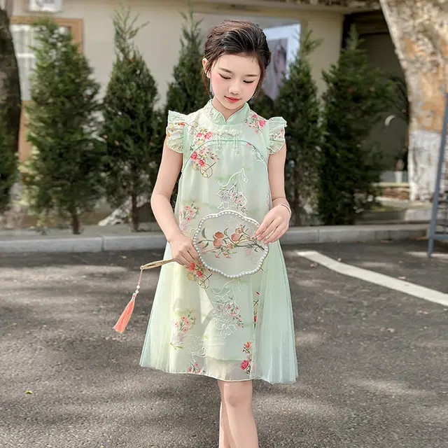 天才小熊汉服 女童夏季大童运动小孩衣服 小女孩 青少年蝴蝶中国风旗袍洋气时髦 漂亮 甜美 青少年