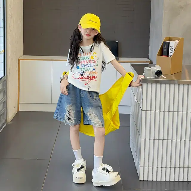 天才小熊休闲运动套装 女童夏季大童潮牌小孩衣服 小女孩印花短袖洋气时髦 漂亮 甜美