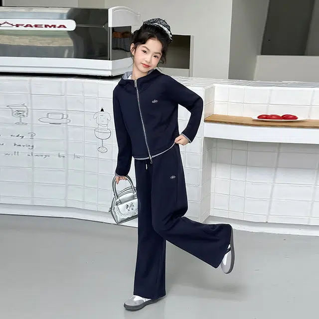 天才小熊休闲运动套装 女童春秋季拉链连帽拼色刺绣大童潮牌小孩衣服 小女孩短袖洋气时髦 舒适帅气轻便