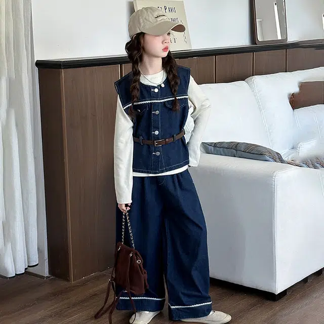 天才小熊休闲运动套装 女童春秋季牛仔马甲大童潮牌小孩衣服 小女孩短袖洋气时髦 舒适帅气轻便