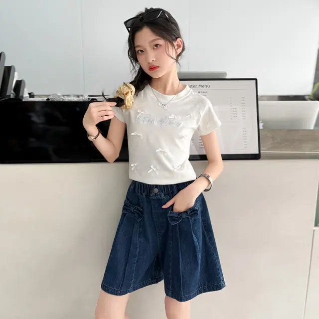 天才小熊女童夏季运动裤大童潮牌小孩衣服 青少年 净色蝴蝶结短裤 洋气时髦 韩版直筒板