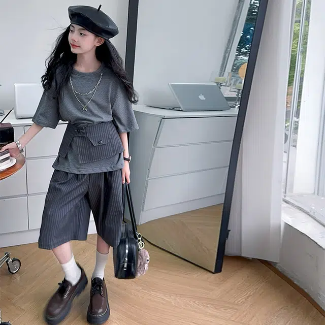 天才小熊休闲运动套装 女童夏季大童潮牌小孩衣服 小女孩短袖洋气时髦 漂亮 甜美时尚