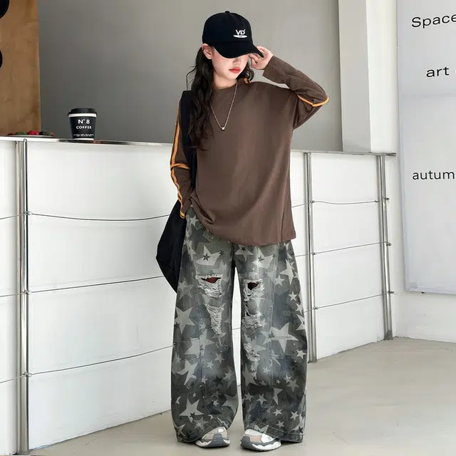 天才小熊休闲运动套装 女童春秋季牛仔破洞裤大童潮牌小孩衣服 小女孩短袖洋气时髦 舒适帅气轻便