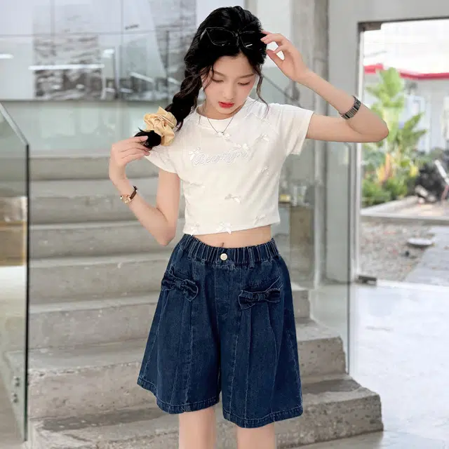 天才小熊女童夏季运动裤大童潮牌小孩衣服 青少年 净色蝴蝶结短裤 洋气时髦 韩版直筒板