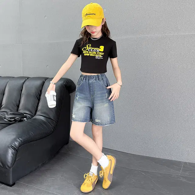 天才小熊女童夏季运动裤大童潮牌小孩衣服 青少年 破洞牛仔短裤  洋气时髦 韩版直筒板儿童运动裤 青少年